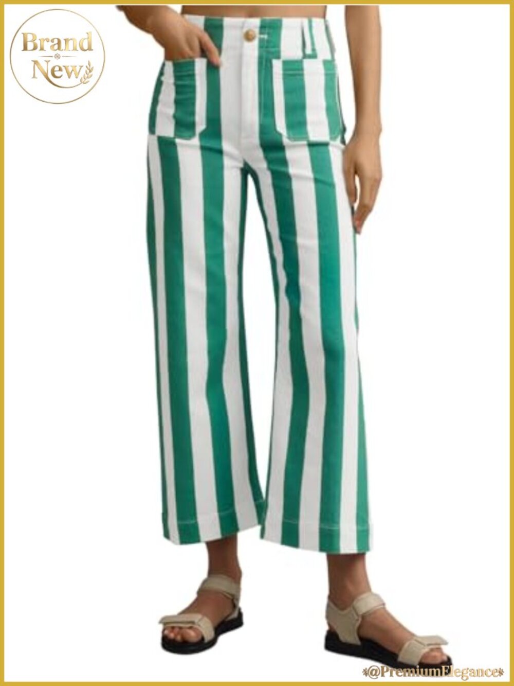 High Waisted Cropped Wide Leg Striped Jeans with Pockets